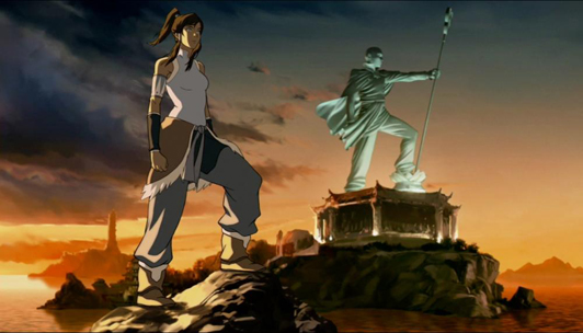 Korra devant la statue de Aang